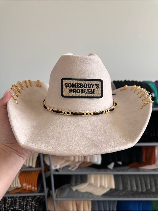 None Accessories - Morgan Wallen - Somebody's Problem Cream Suede Cowboy Hat with Gold Chain Trim
